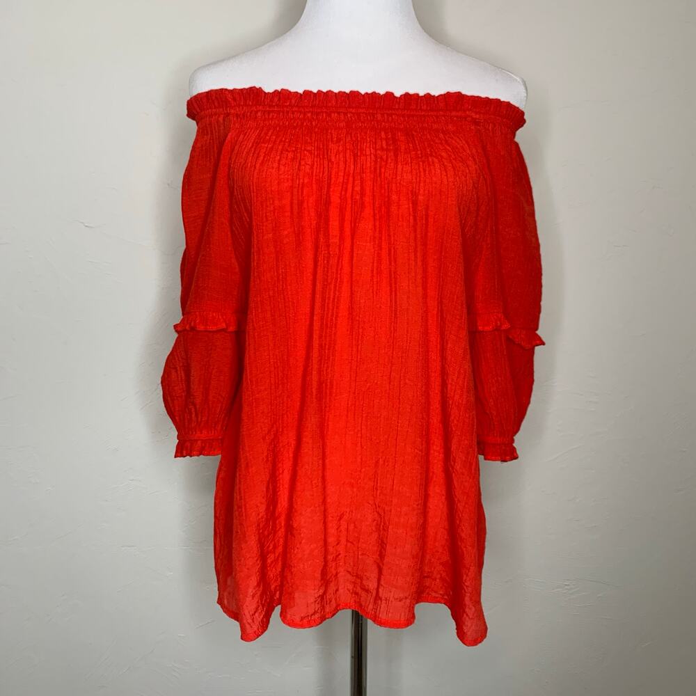 Nanette Lepore Red Crinkle Cotton Off Shoulder Boho Cottage Sz Medium